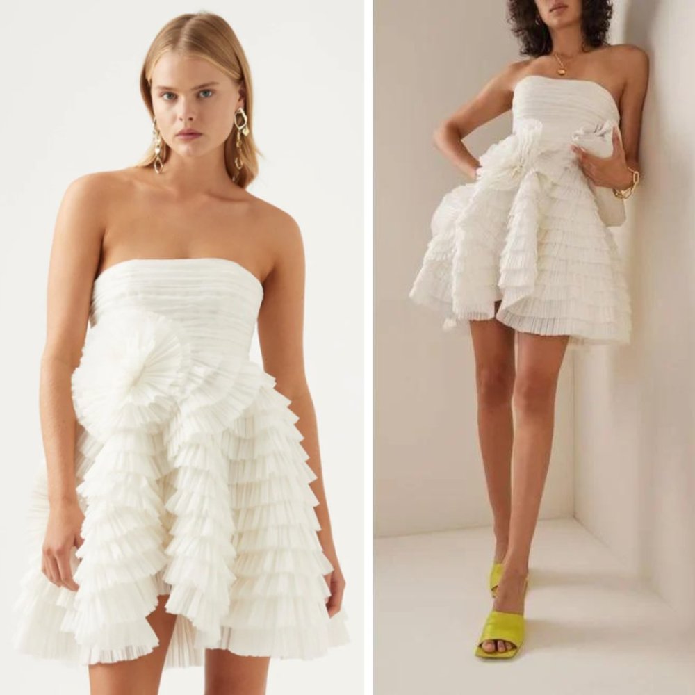 NWT Aje Expressive Pleated Strapless Ruffle White Mini Dress - Size US 4, AU 8